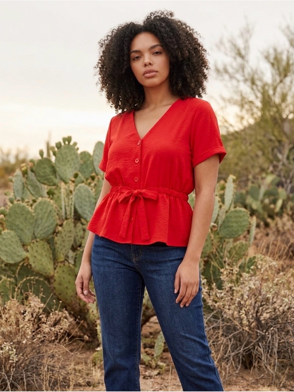 Women's Red Button-Front Tie-Waist Peplum Shirt